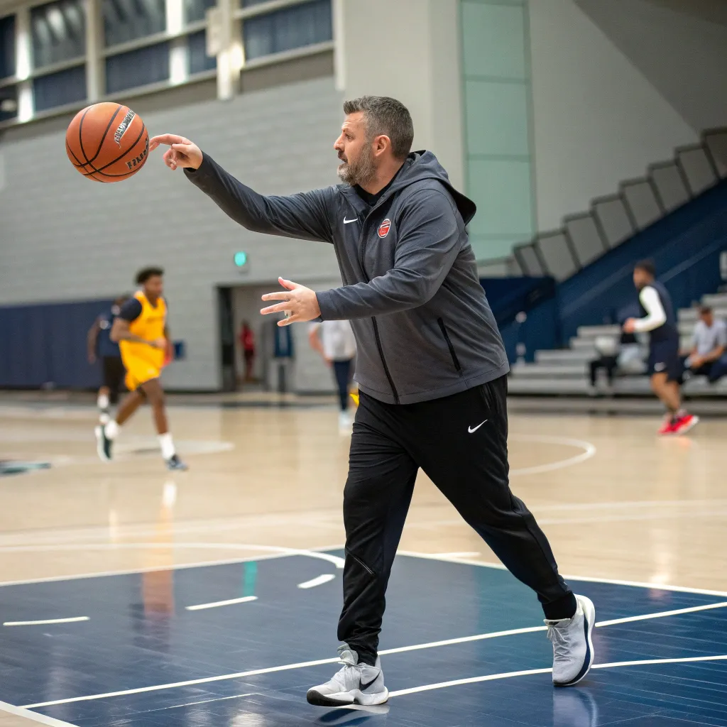 A professional basketball coach demonstrating a technique